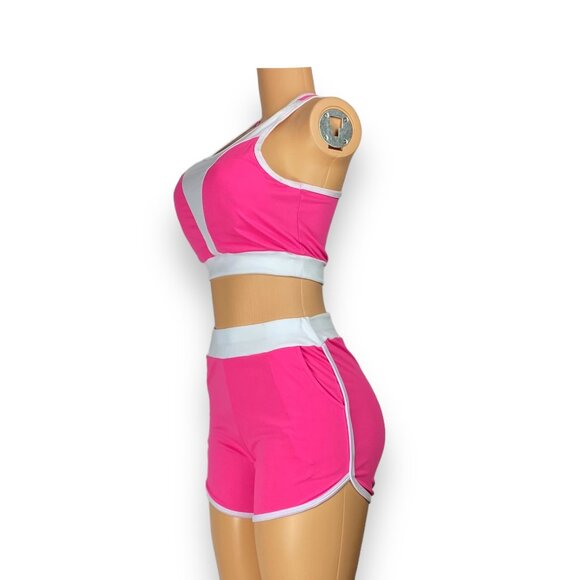 Women Tracksuit Short Sleeve Crop Top & Shorts - Tops with Removable Pads | Pink - Picture 2 of 5